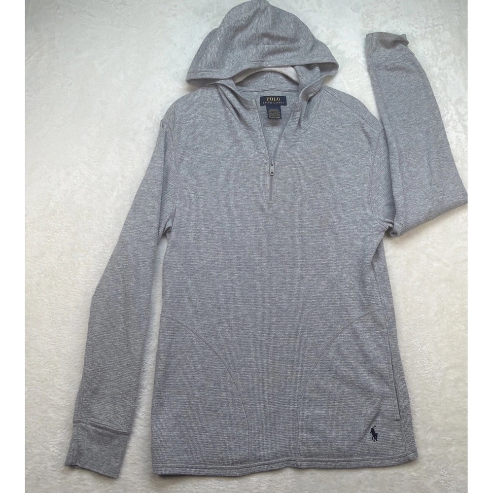 Polo Ralph Lauren Grey Waffle Knit Thermal‎ Hooded Quarter Zip Small